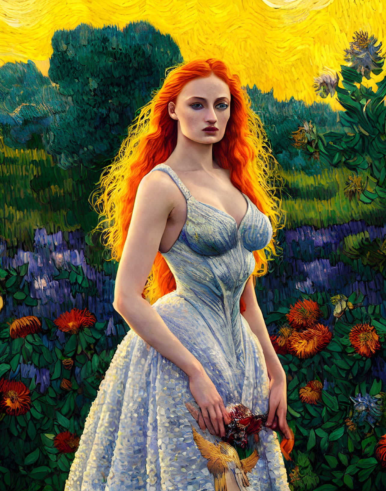 Red-haired woman in white dress with bird in vibrant floral field