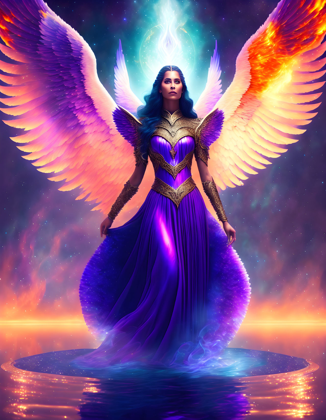 Luminous winged figure in cosmic setting emits mystical energy
