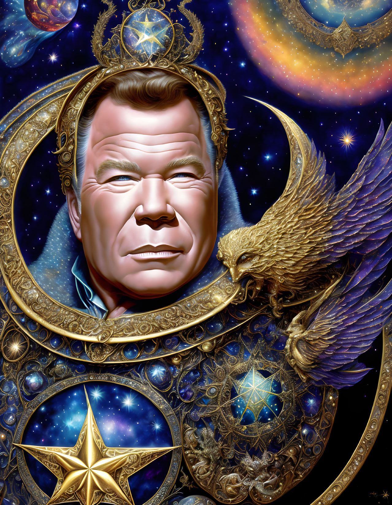 Man's face in surreal portrait with celestial background, golden frameworks, and eagle.