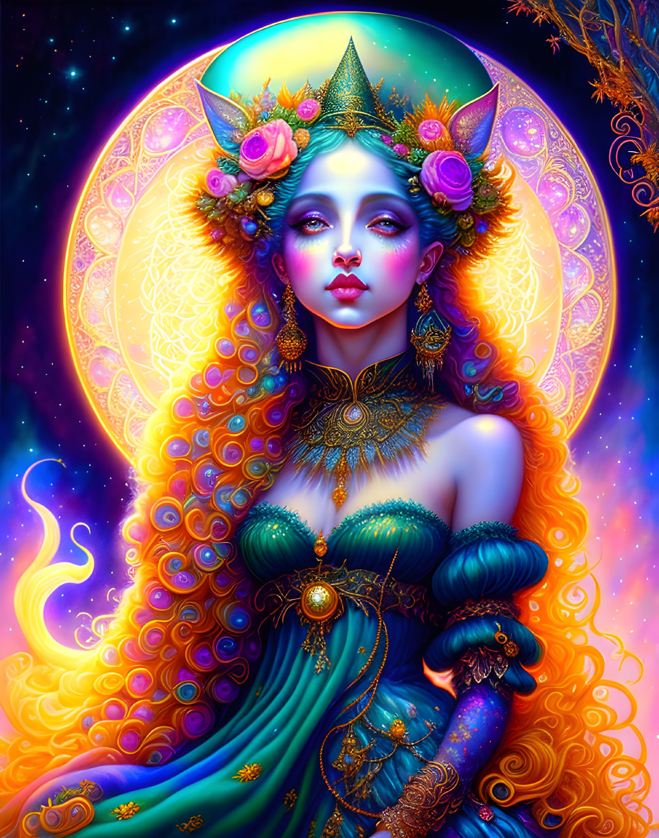 Colorful portrait of a woman in ornate attire against celestial background