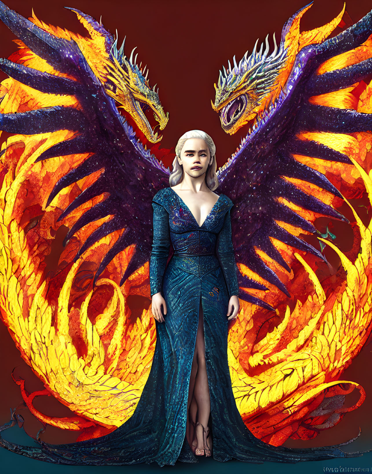 Blonde woman in blue dress faces fiery-winged dragon with matching eyes