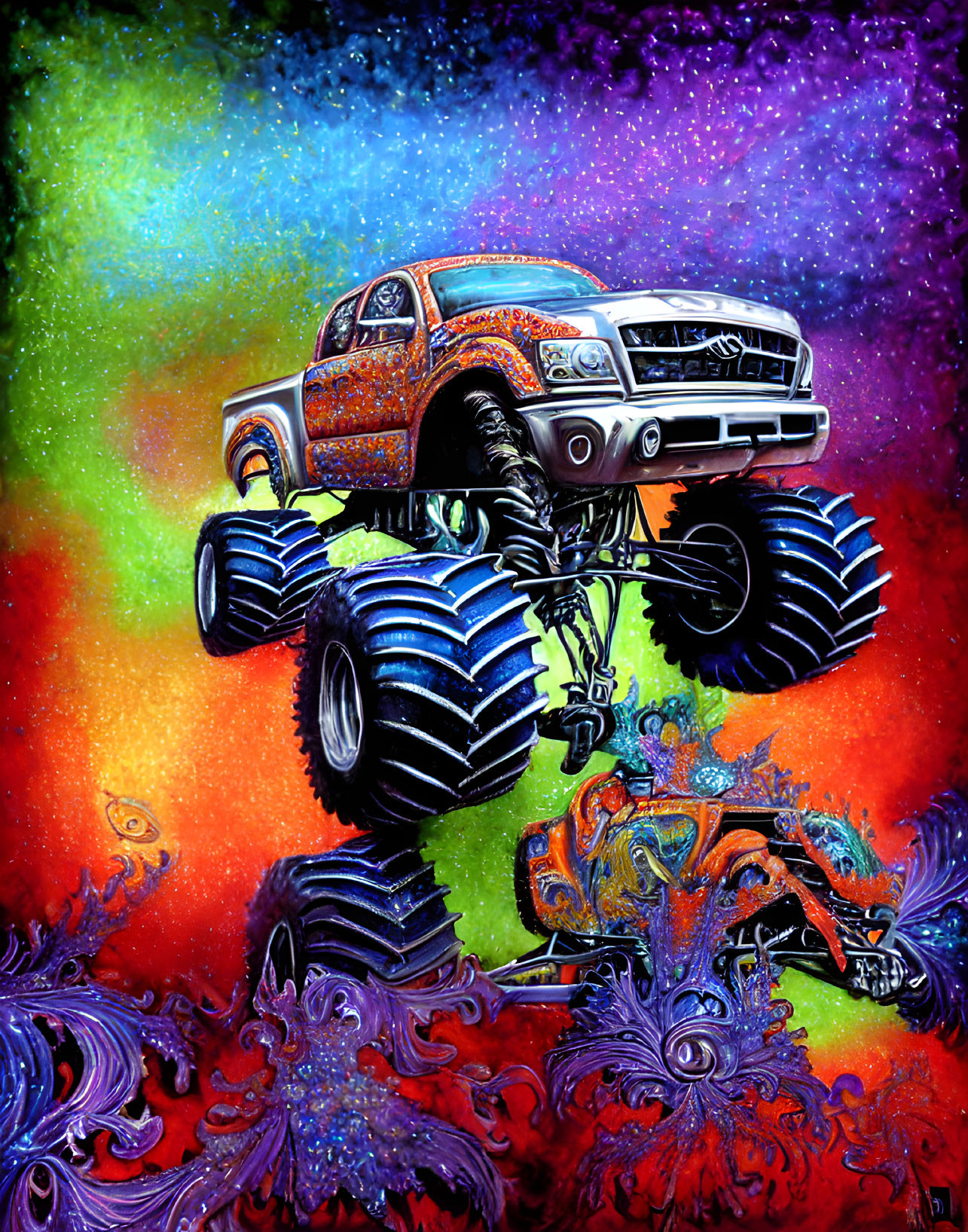 Colorful Monster Truck Artwork with Psychedelic Patterns