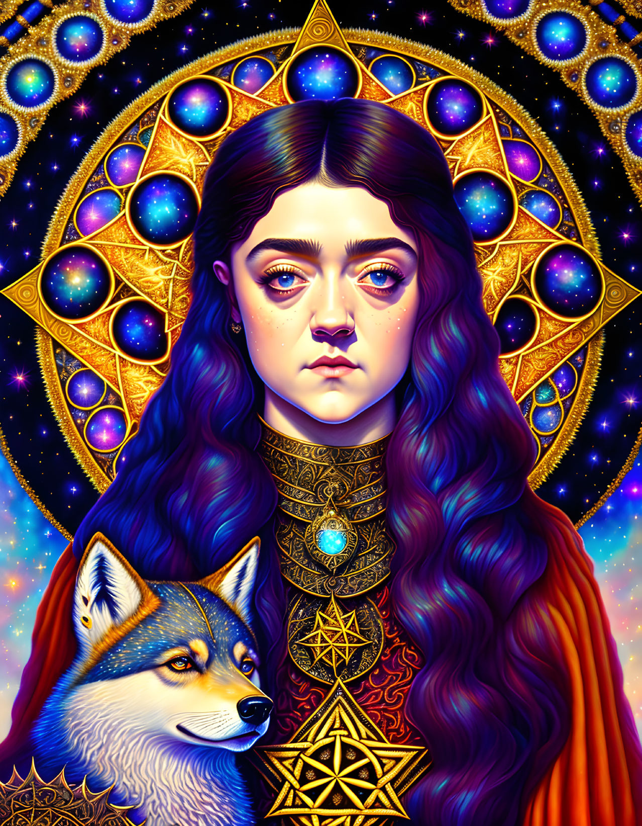 Vivid portrait of woman with blue hair, cosmic background, and wolf