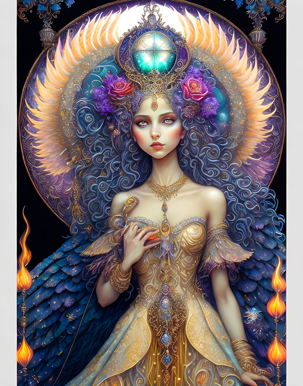 Ethereal woman in golden attire with halo of flowers and orbs against swirling flames