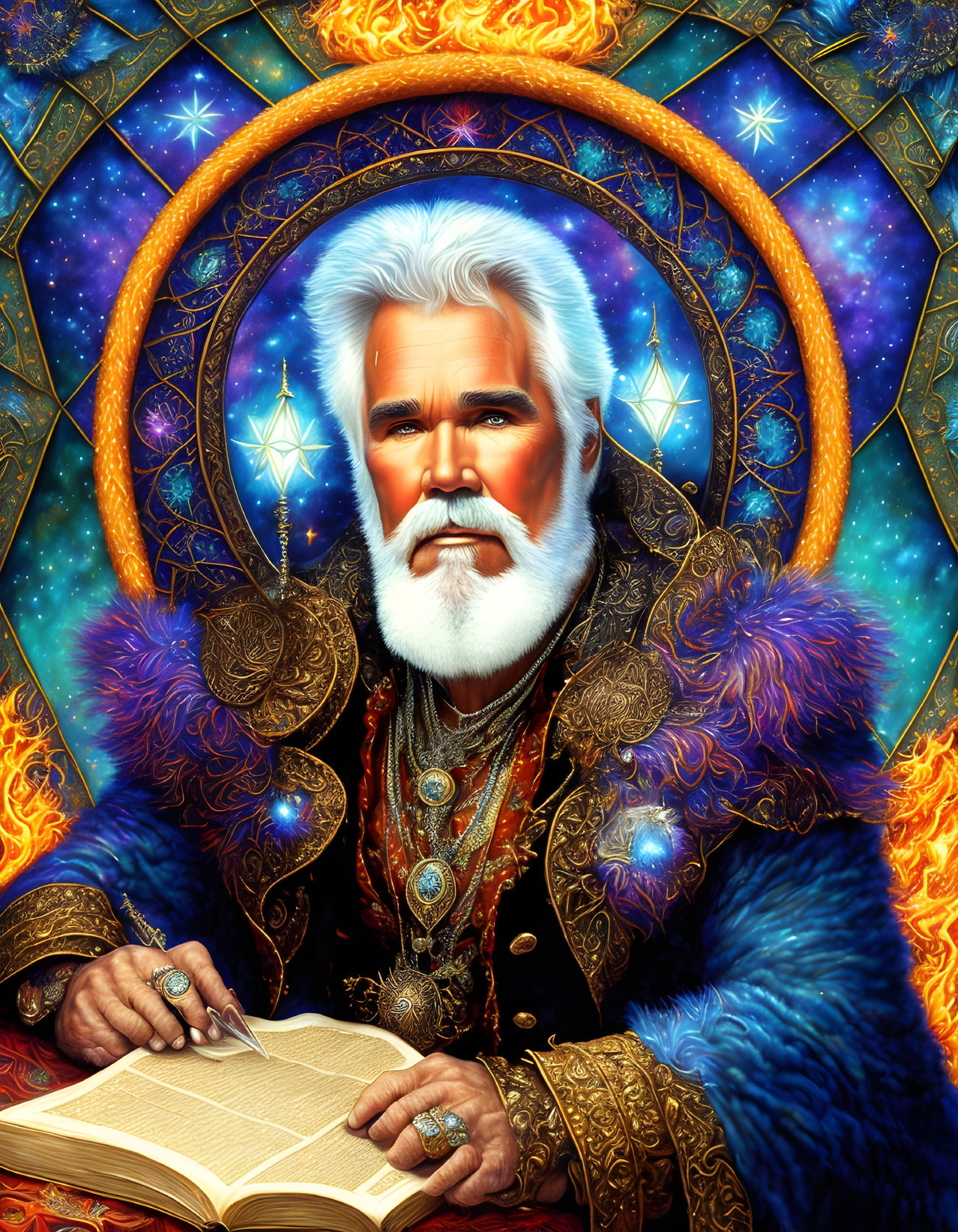 Elderly bearded man in celestial robes with book, rings, and fiery halo
