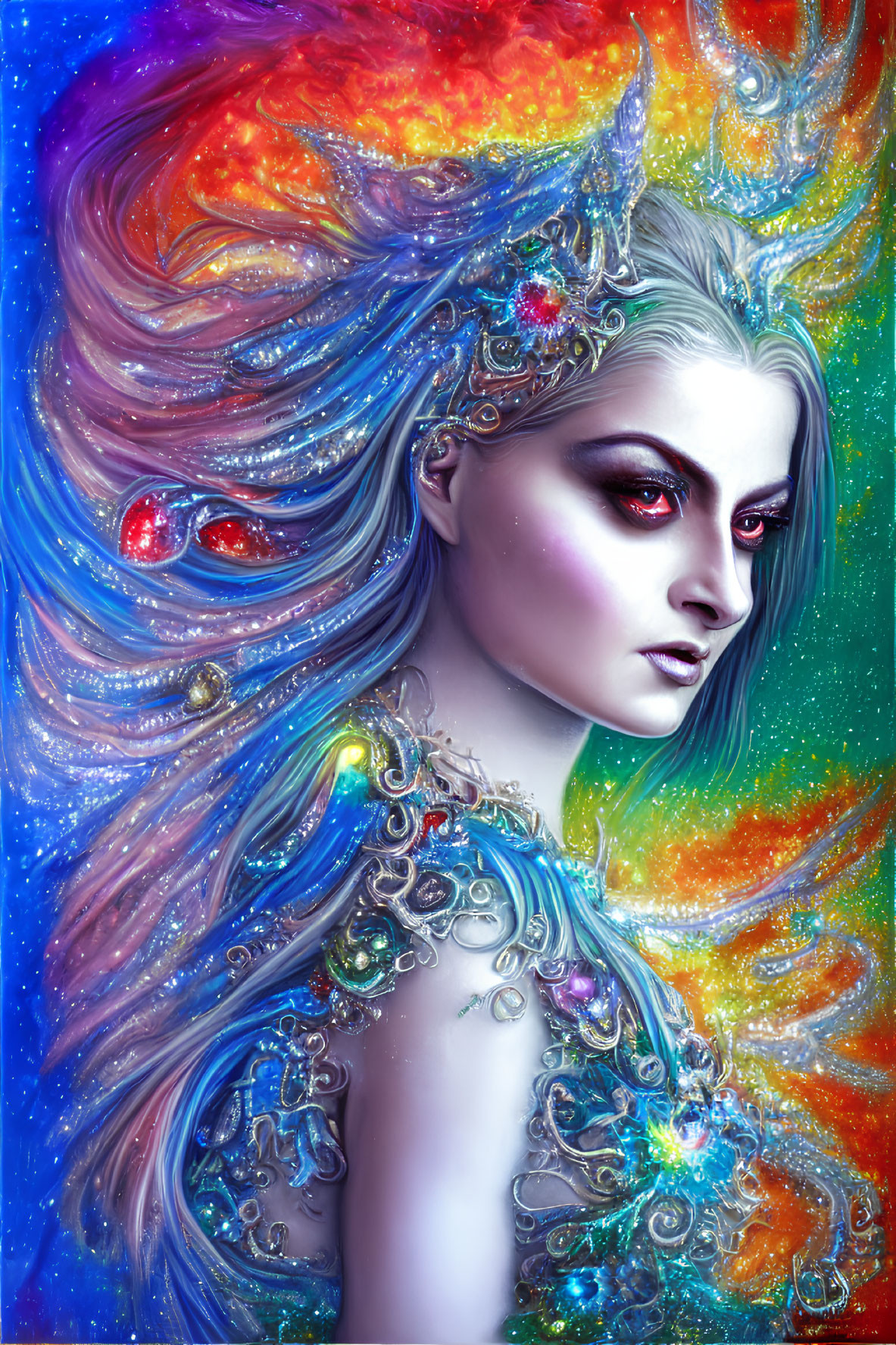 Vibrant Fantasy Portrait of Woman with Cosmic-Inspired Hair
