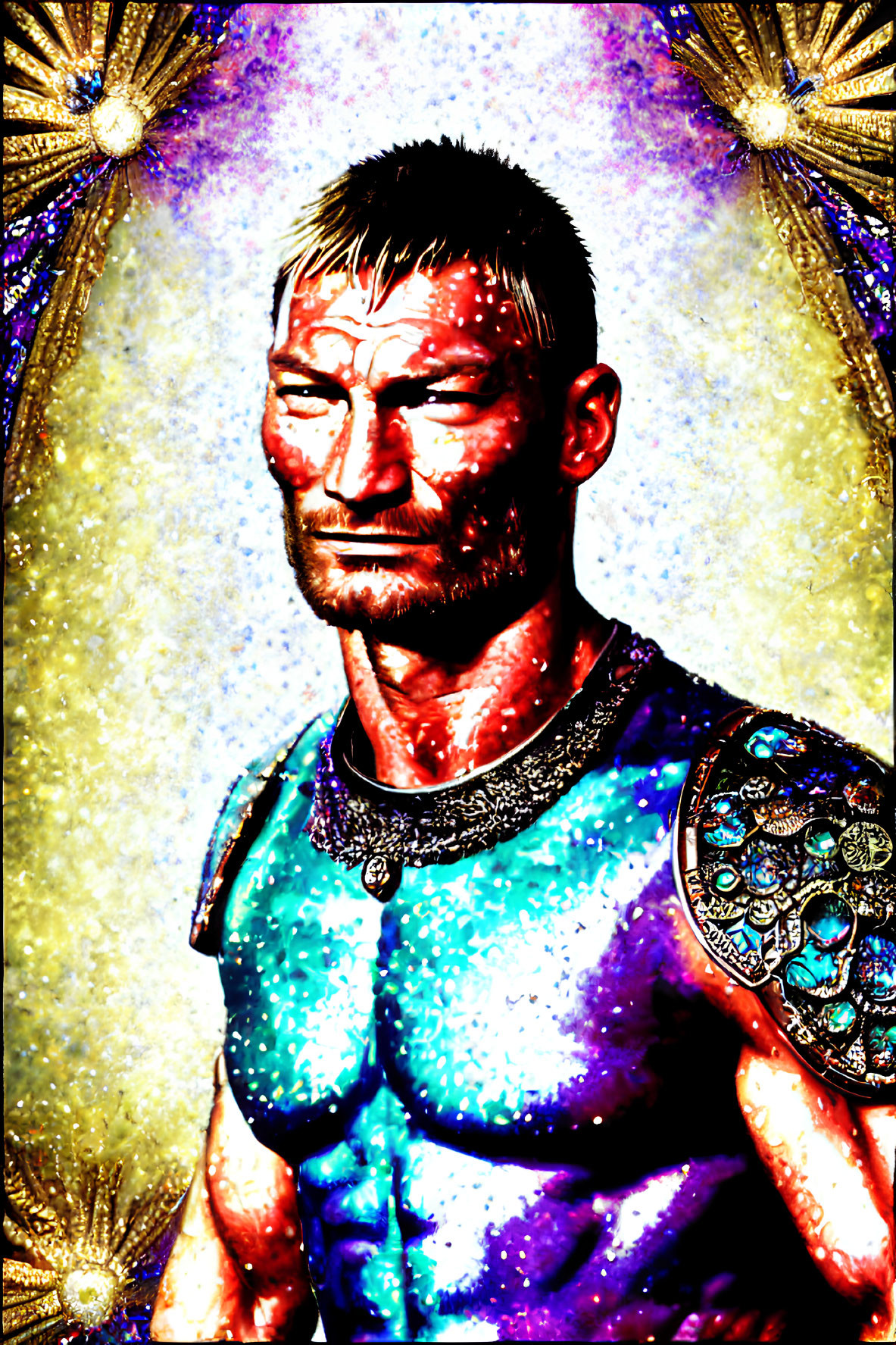 Glittering portrait of a muscular man in blue and purple tunic