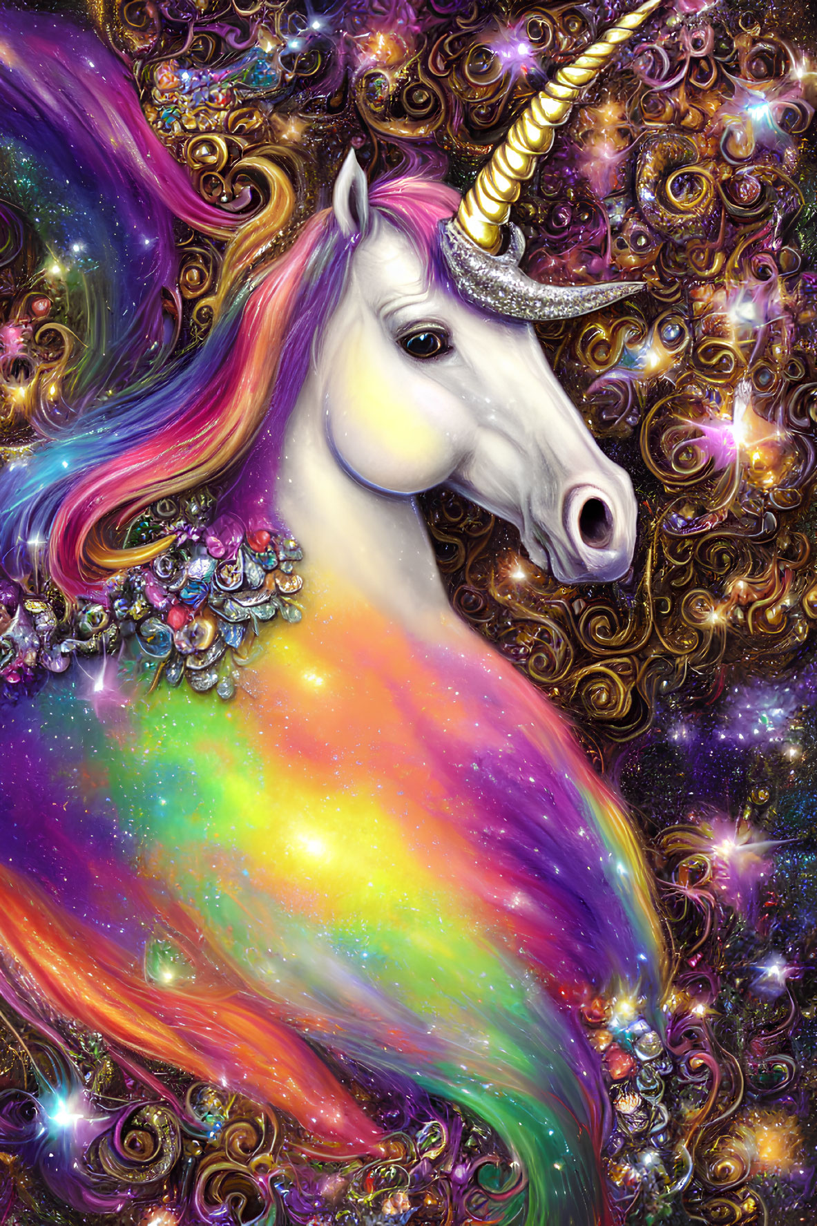 Colorful Unicorn with Rainbow Mane and Jewels on Cosmic Background