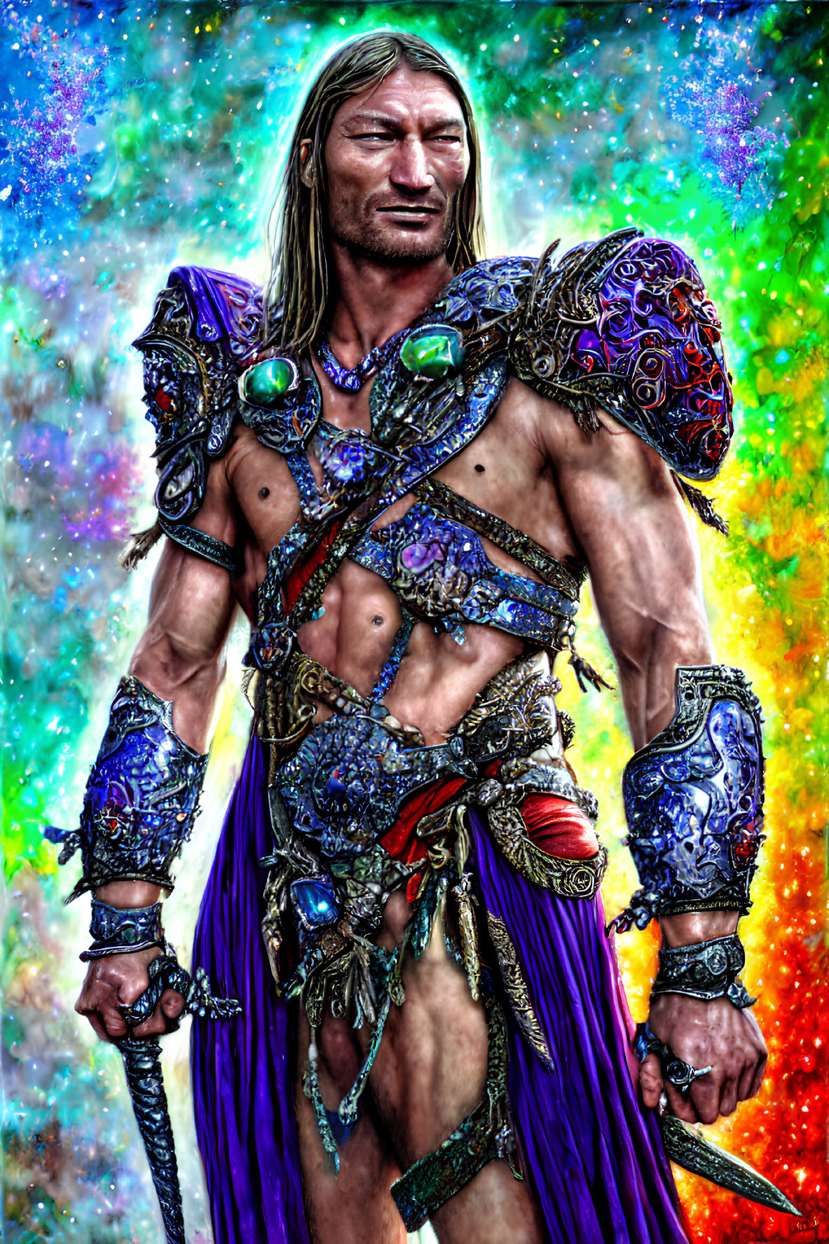 Muscular figure in fantasy armor with gemstones against cosmic backdrop