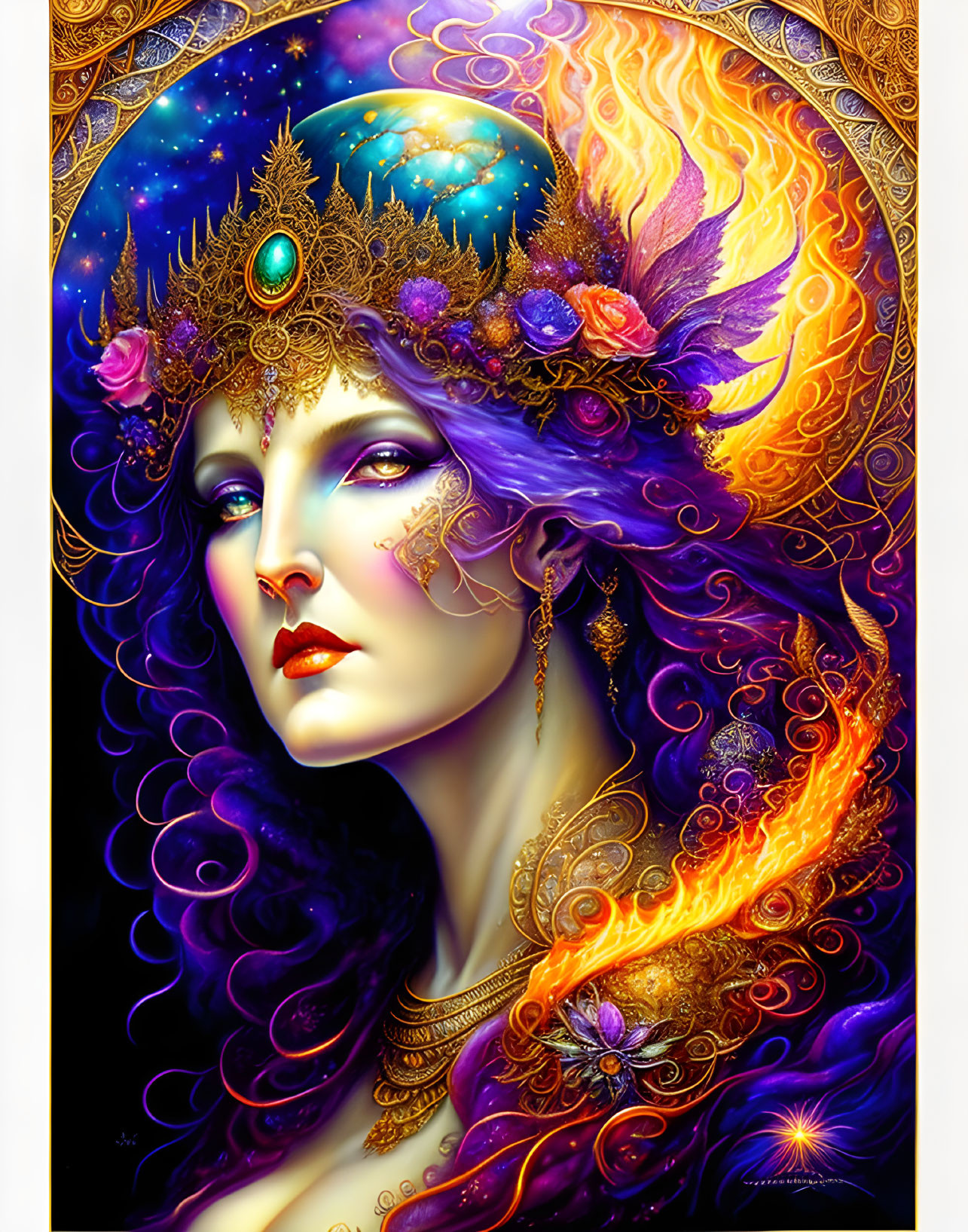 Fantasy female illustration with purple hair, ornate crown, galaxies, golden jewelry, fiery colors