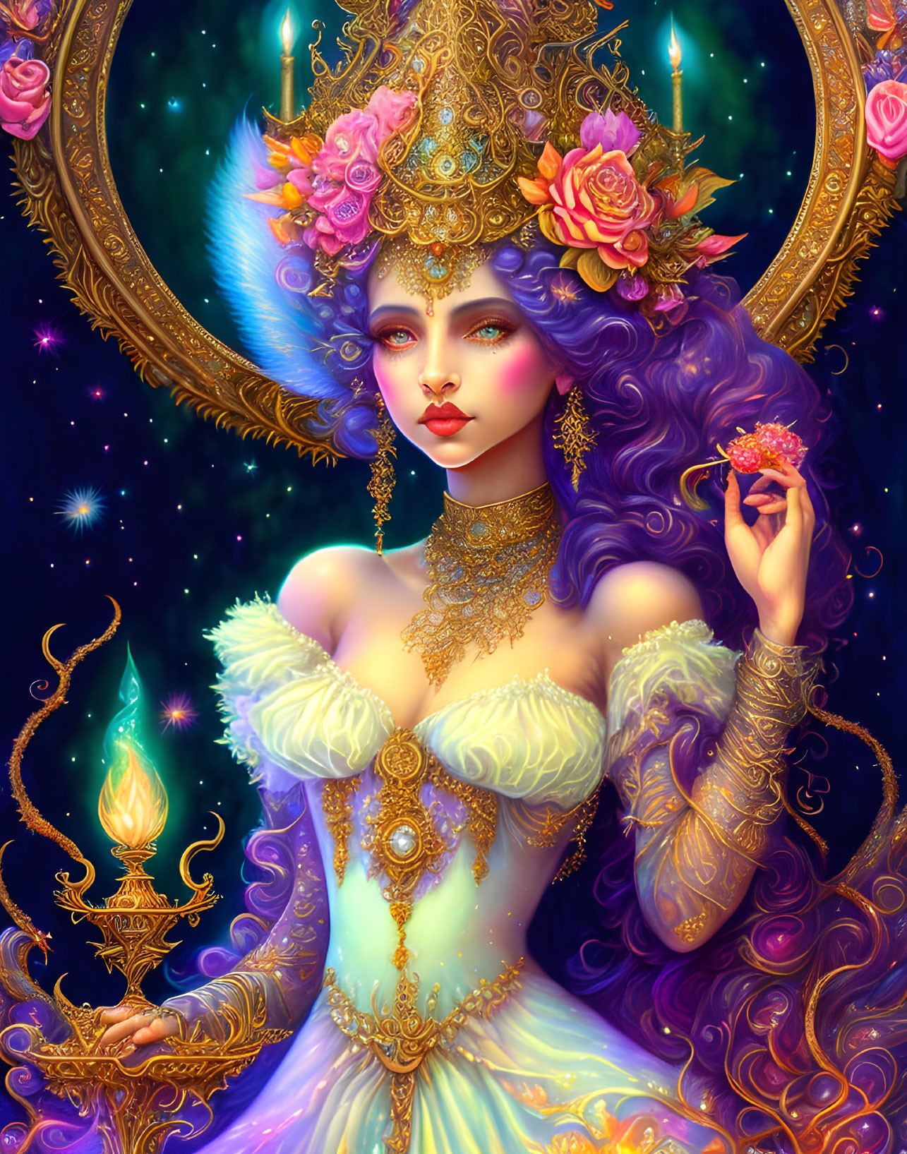 Fantastical illustration of woman with purple hair and cosmic motifs