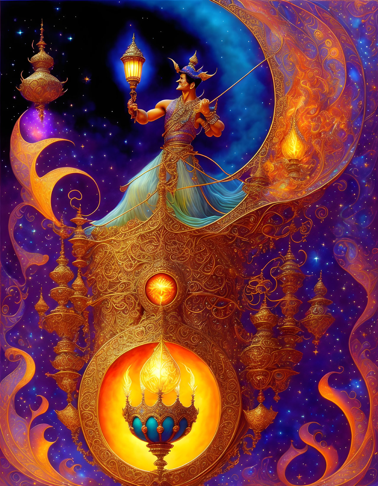 Deity with bow on crescent moon under starry sky