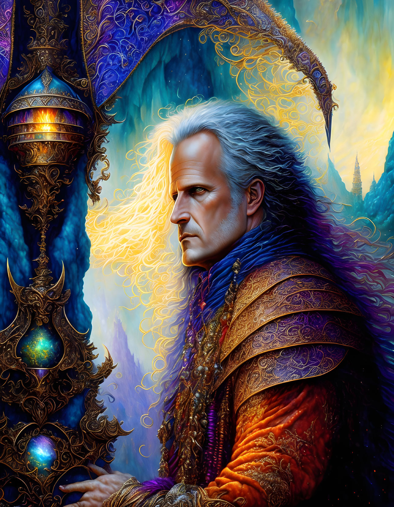 Regal man with white hair in mystical landscape and lantern.