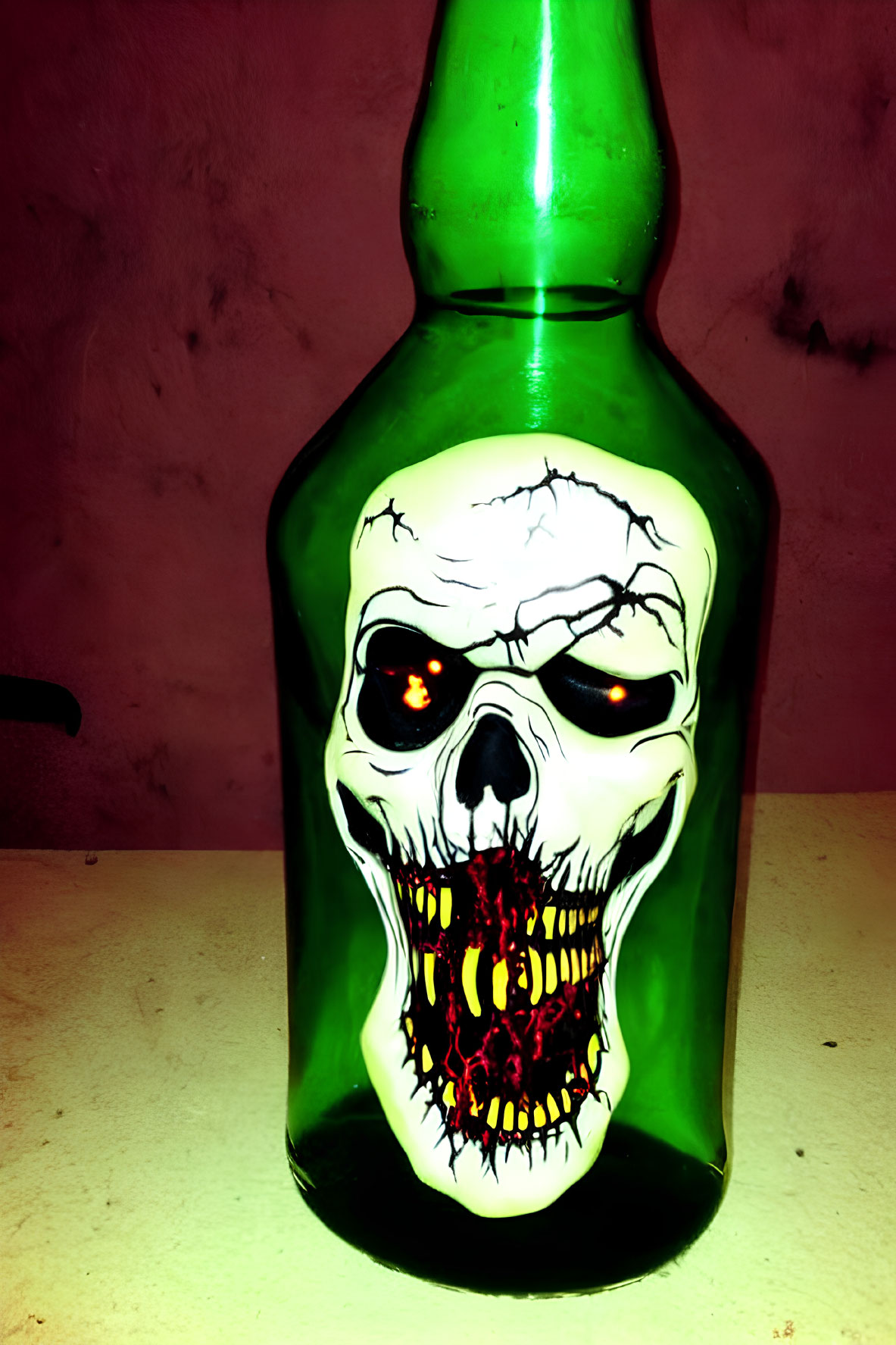 Green Glass Bottle with Menacing Skull and Glowing Red Eyes on Pink Background