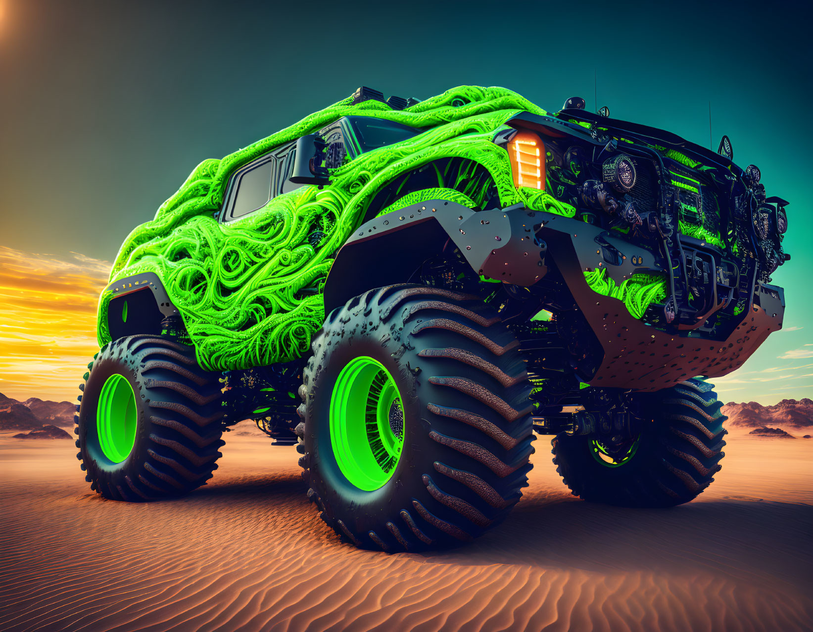 Futuristic vehicle with neon green ornate patterns on sandy terrain
