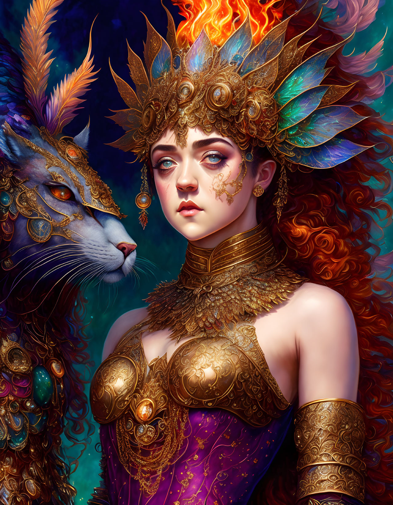 Colorful portrait: woman with golden headgear and majestic lion-like creature adorned with jewels and feathers