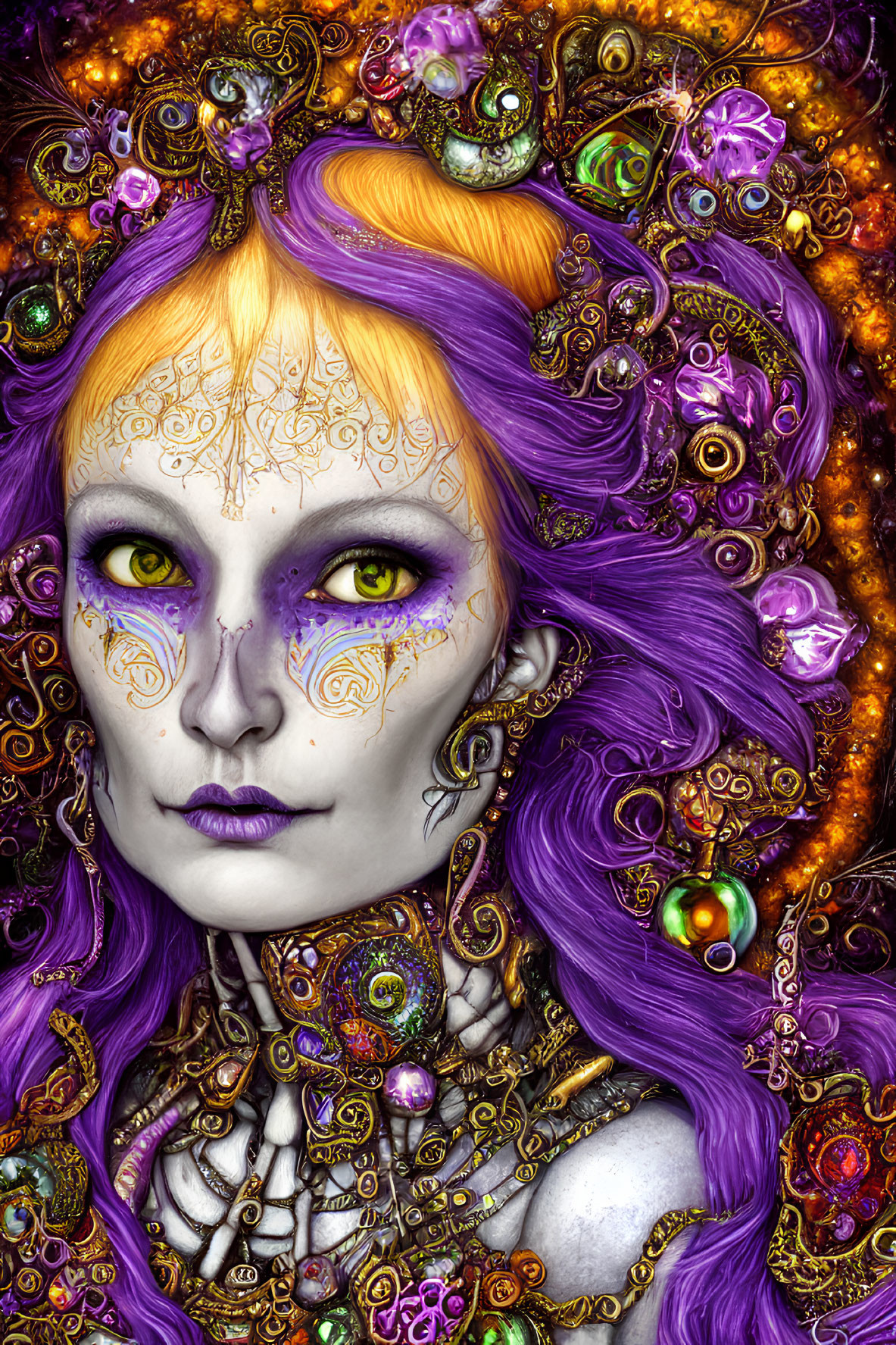 Colorful portrait of a woman with purple hair and gold face markings