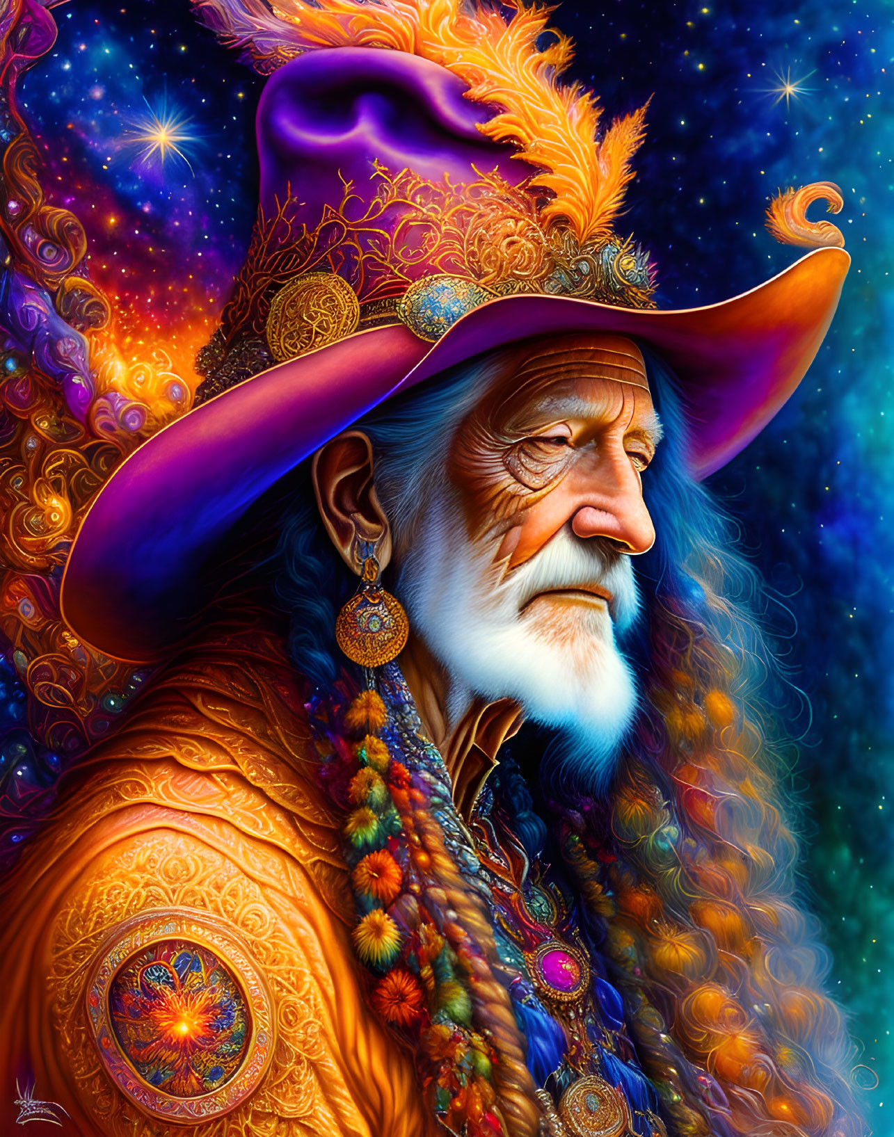 Colorful portrait of an old man in purple hat and ornate orange robe