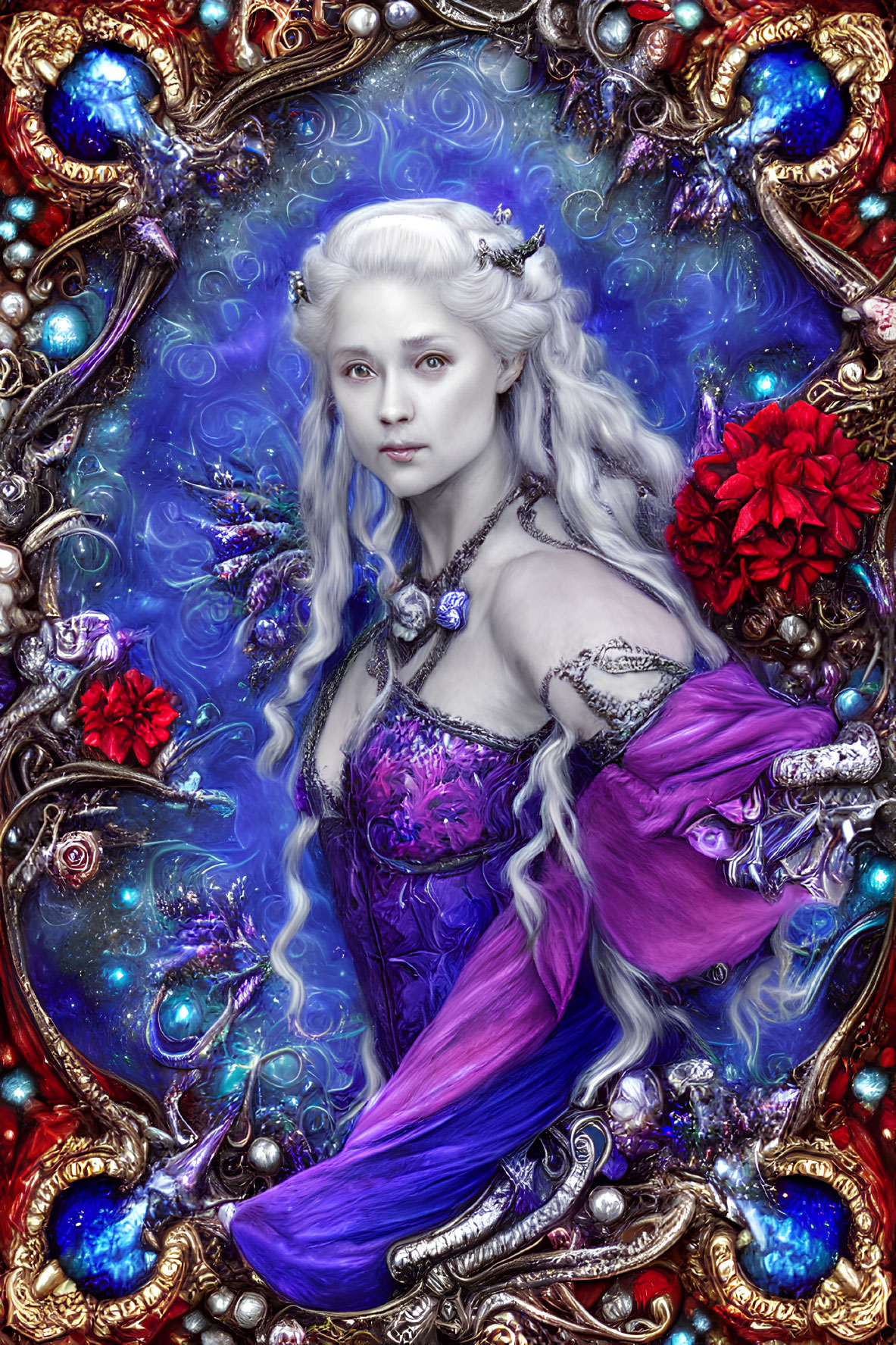 Fair-skinned elf-like woman in purple dress surrounded by blue magic and red flowers in ornate golden