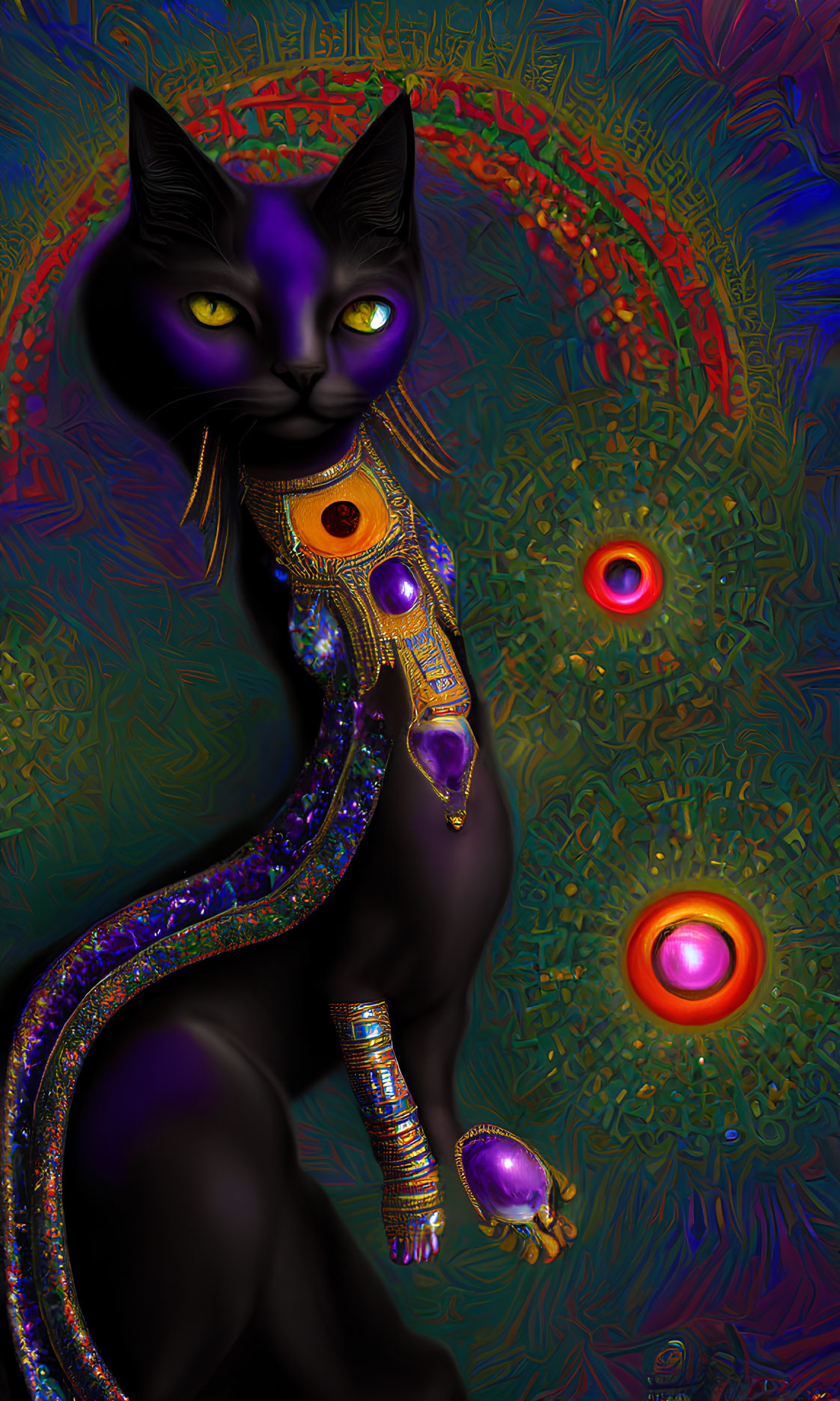 Black cat with golden jewelry on vibrant background.
