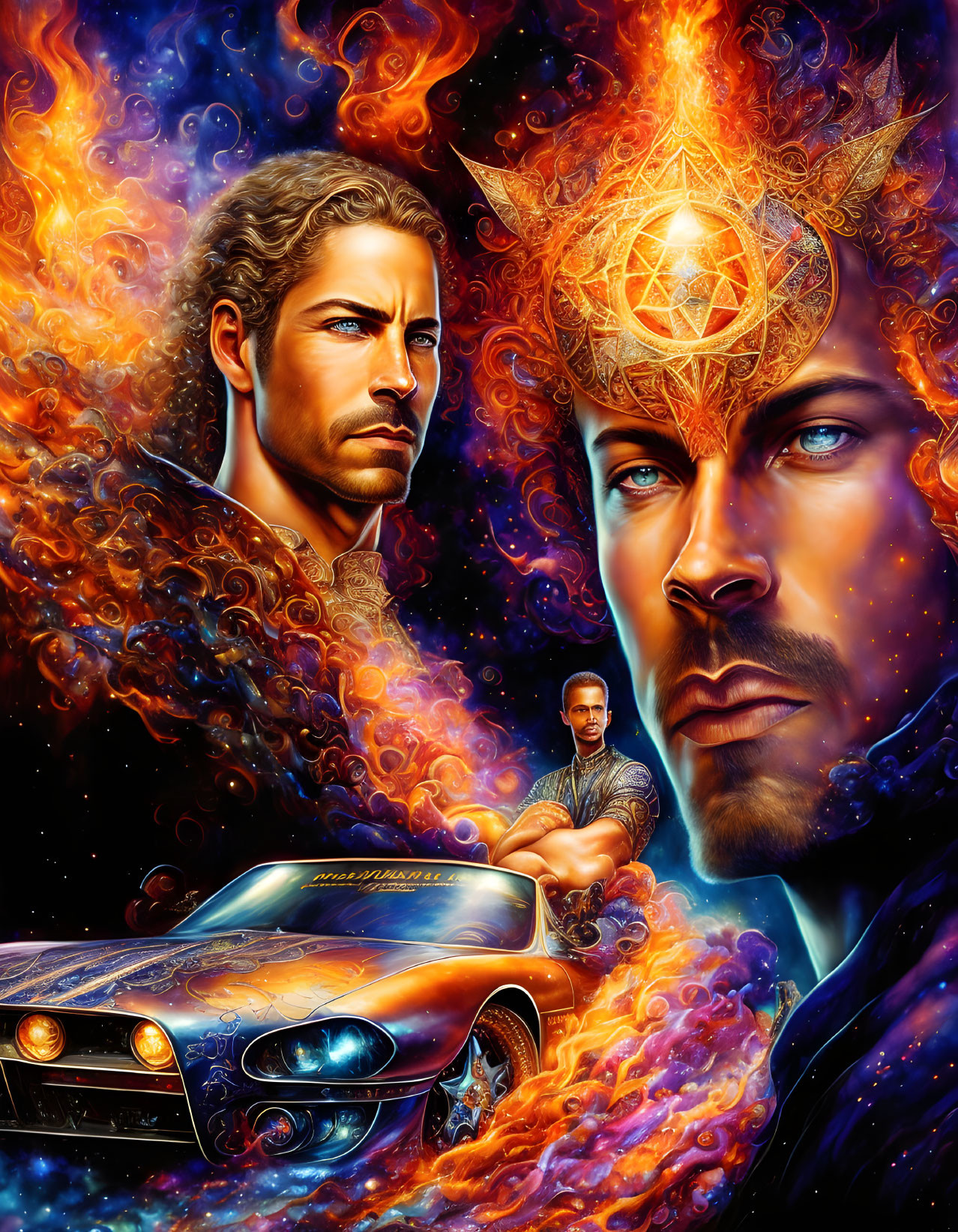 Men with muscle car in cosmic backdrop with compass emblem.