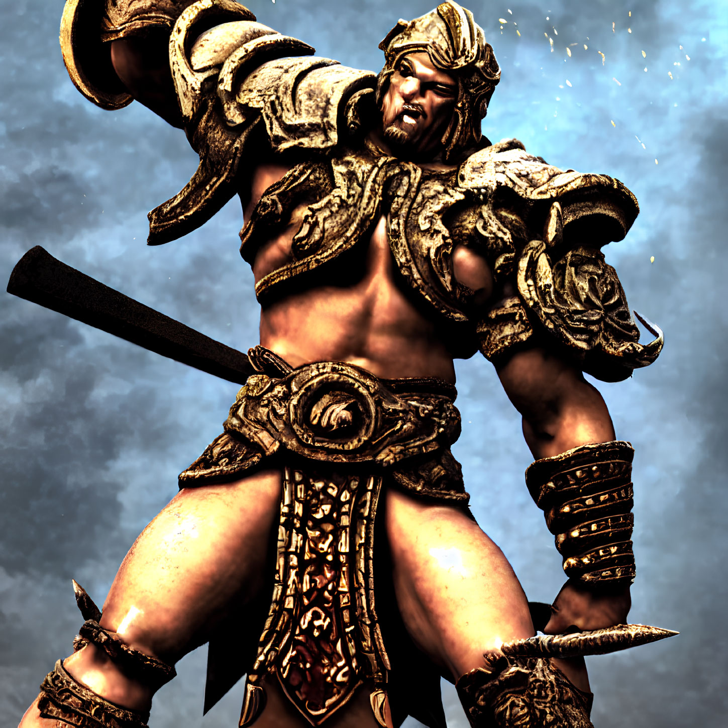 Muscular warrior in ornate armor wields large hammer under moody sky