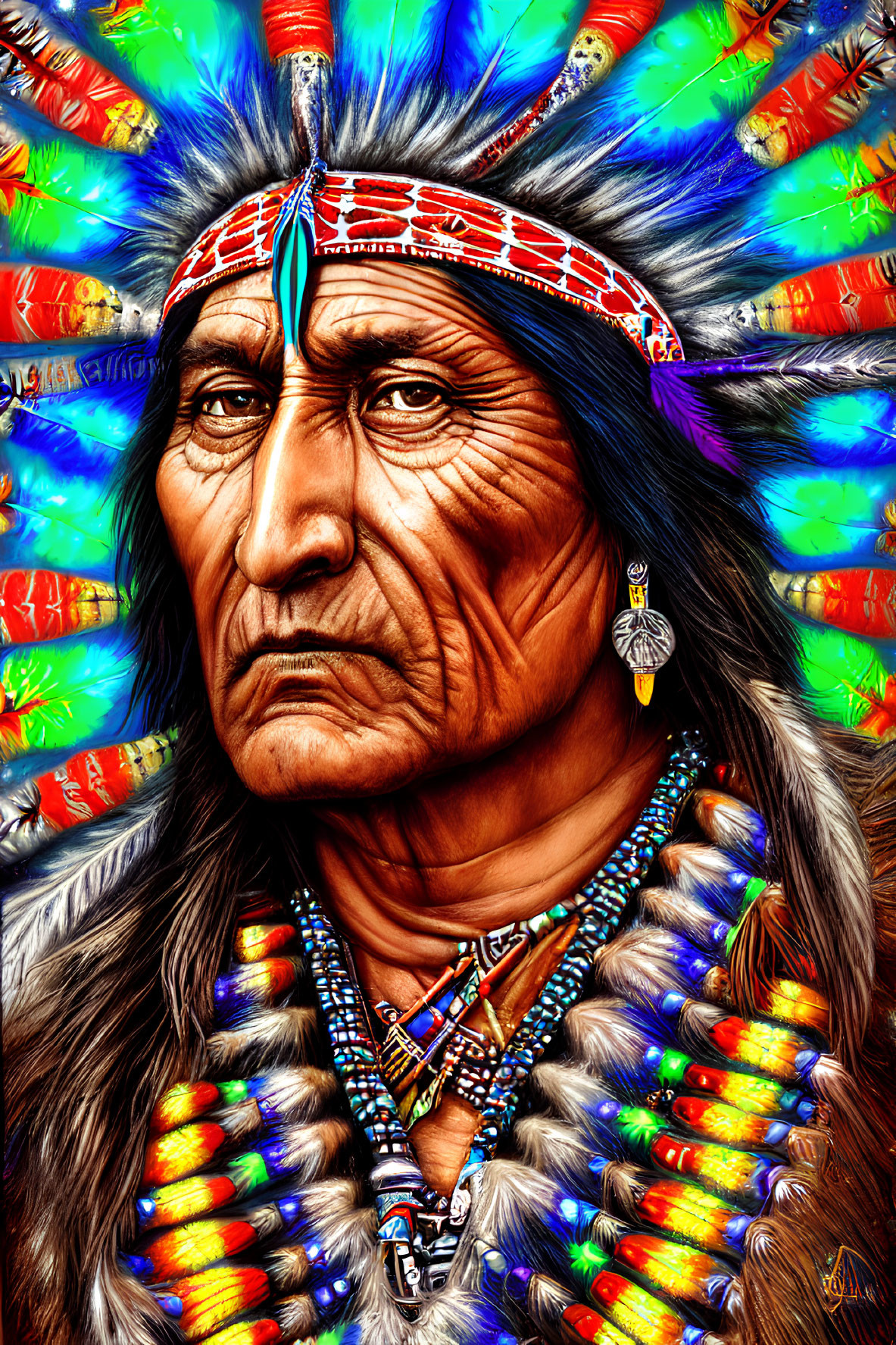 Native American chief illustration with feather headdress and traditional regalia