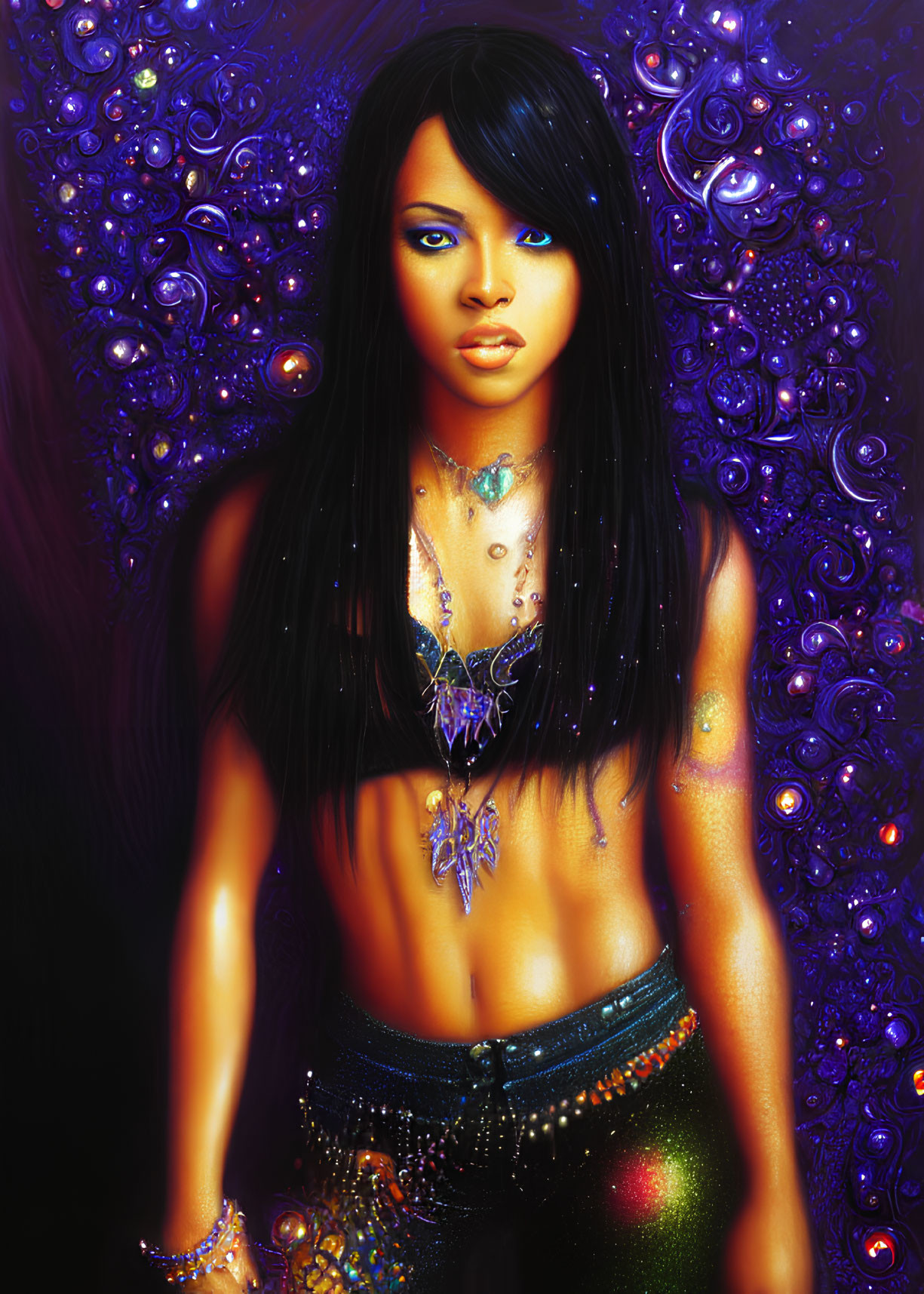 Woman's digital portrait with blue eyes and intricate jewelry on swirling purple backdrop.