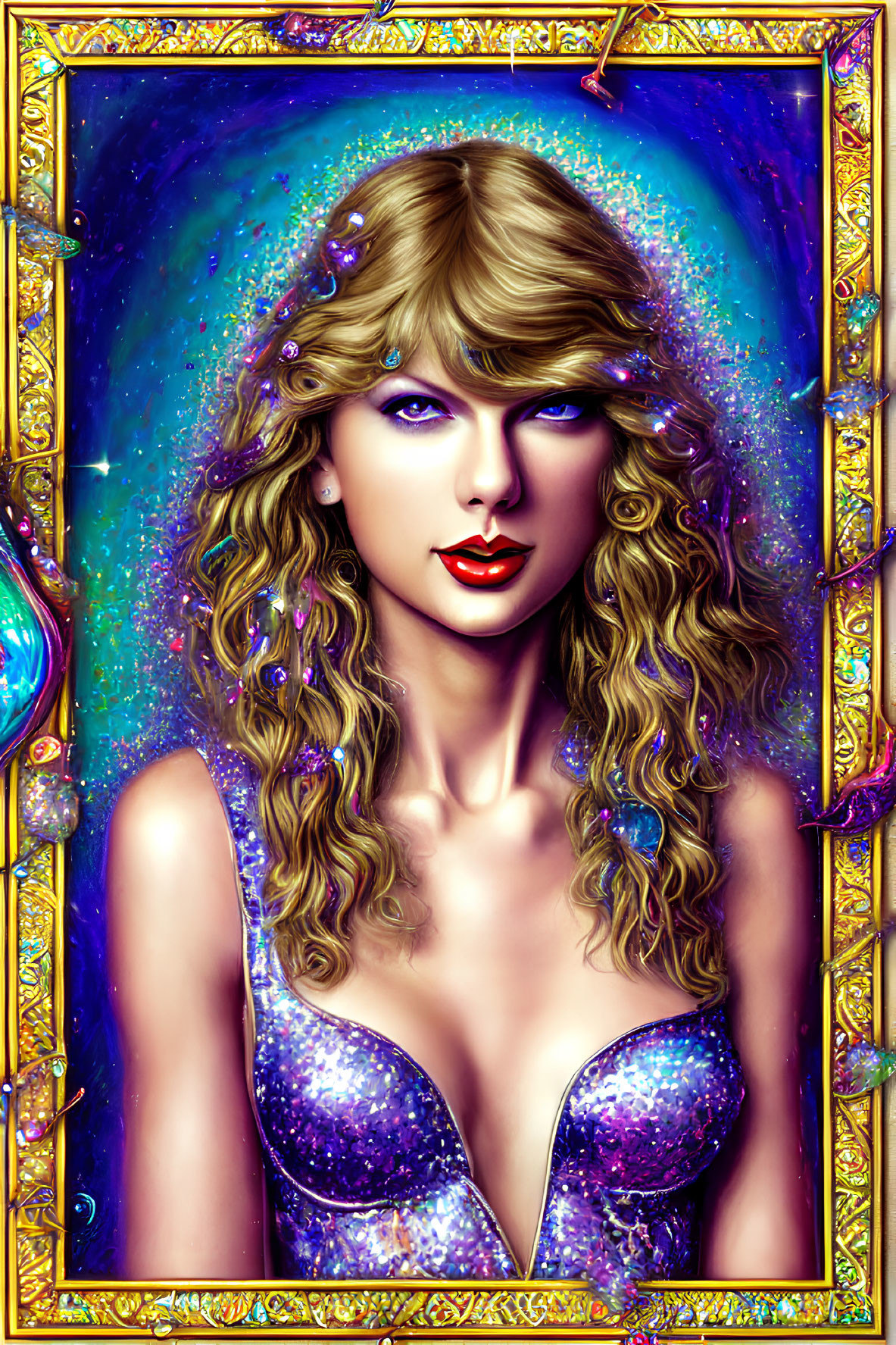 Digital painting of woman with curly blond hair and red lipstick in sparkling purple dress, framed by ornate
