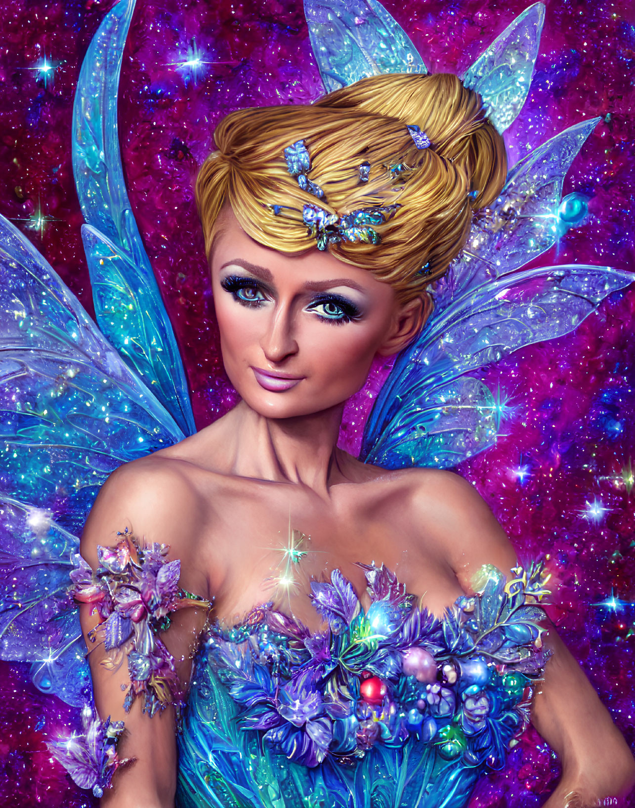 Fairy with Blue Wings and Floral Accents on Cosmic Background