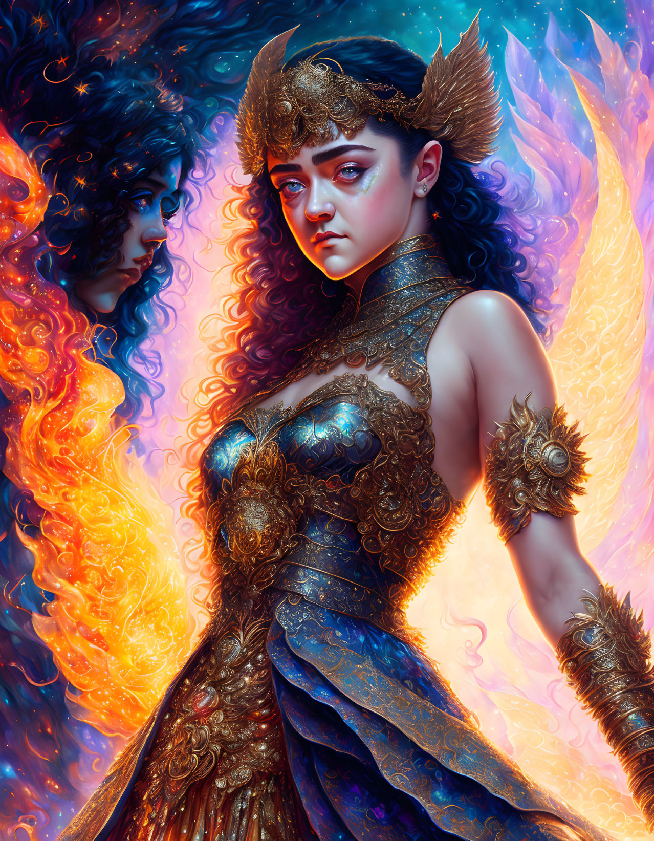 Fantasy painting: Woman in golden armor with phoenix wings in fiery mystical setting