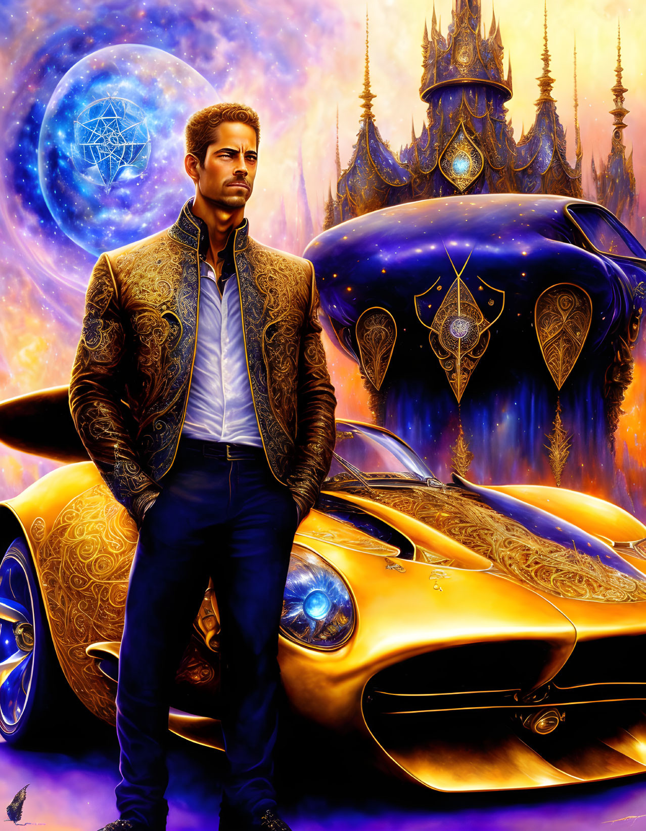 Illustration of man leaning on classic car in cosmic setting