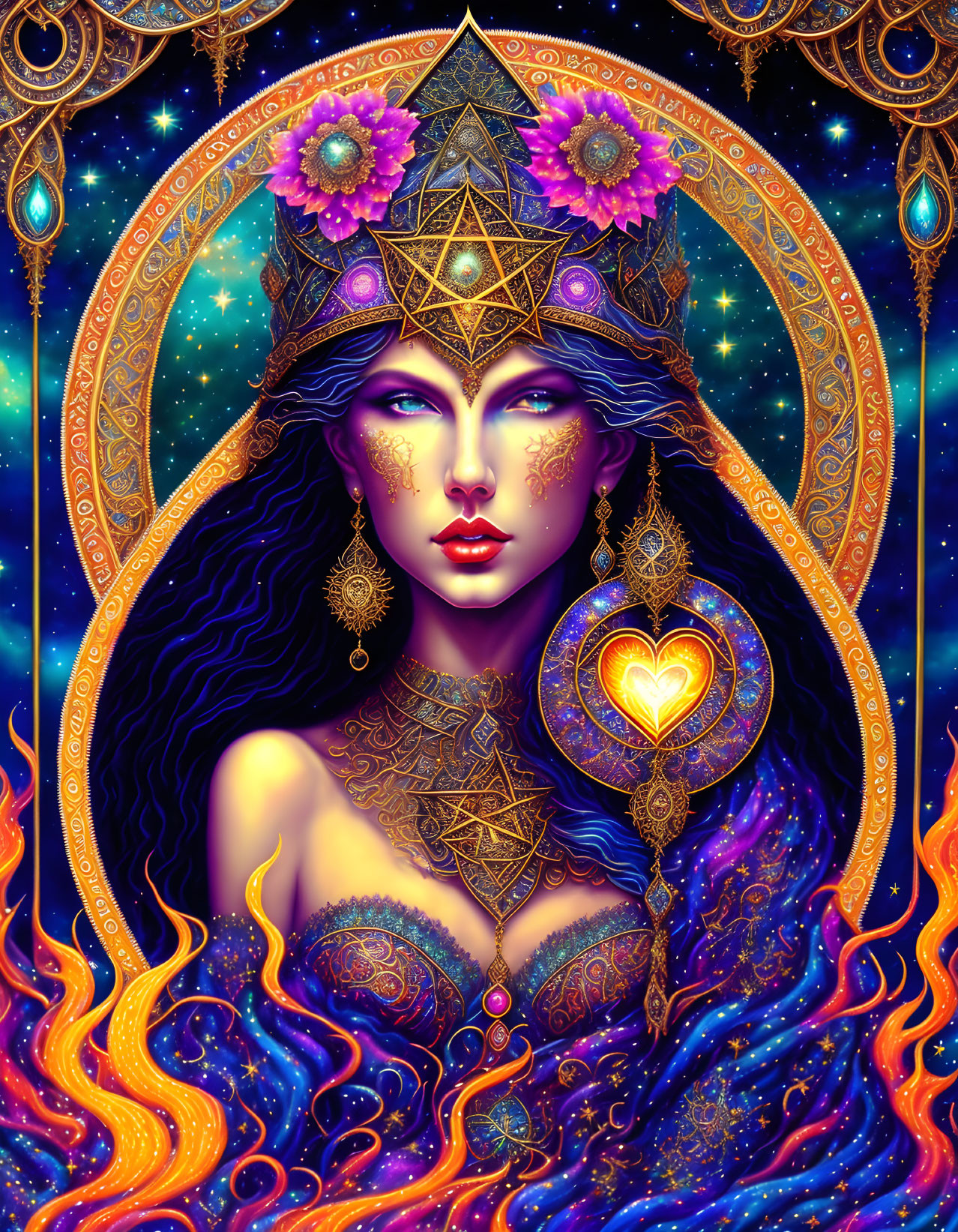 Mystical woman with celestial headdress and vibrant colors