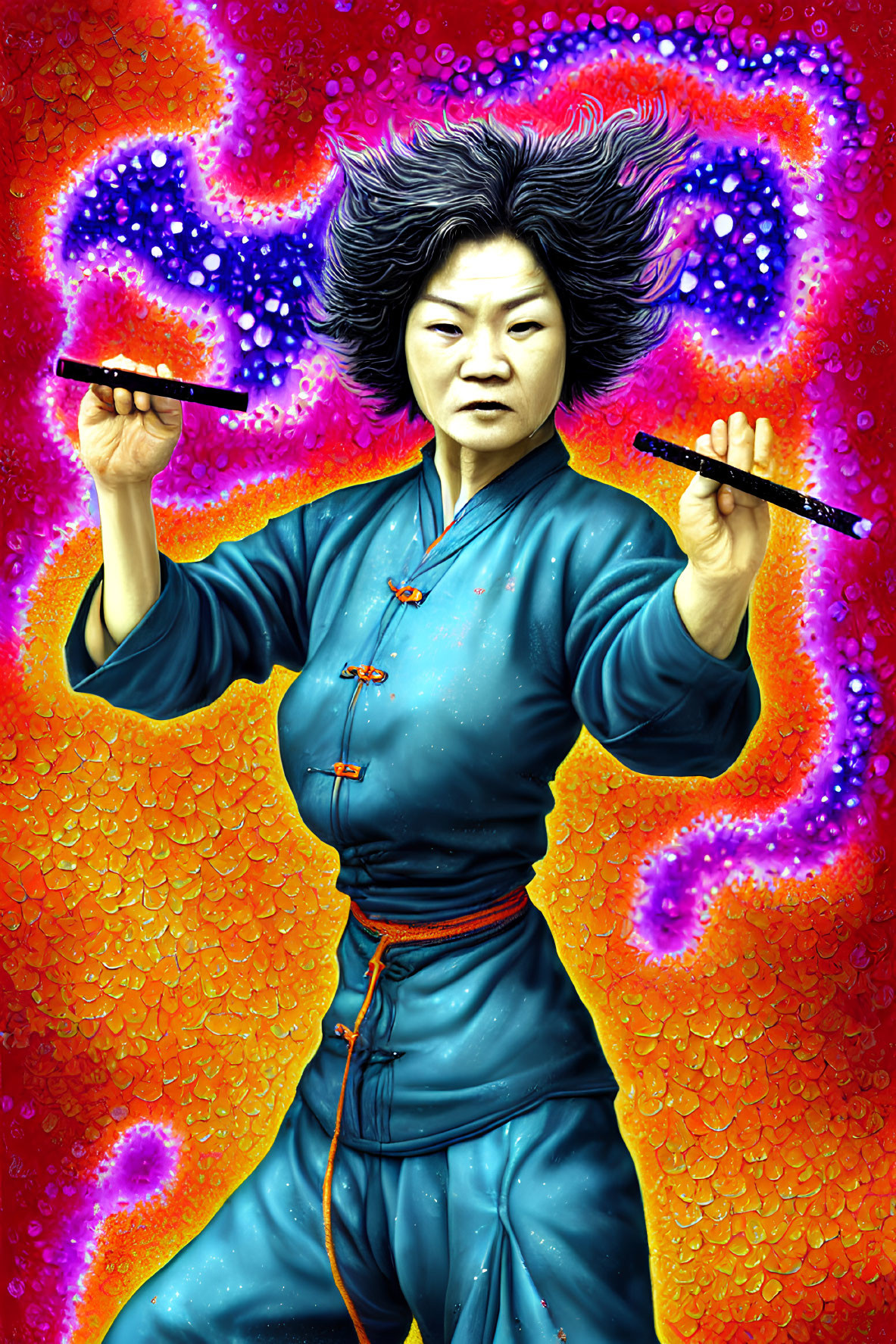 Colorful digital art: Woman in blue traditional attire with drumsticks, fiery background.