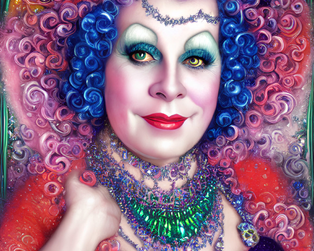 Colorful illustration of woman with curly purple & blue hair, green eyes, ornate jewelry, spark