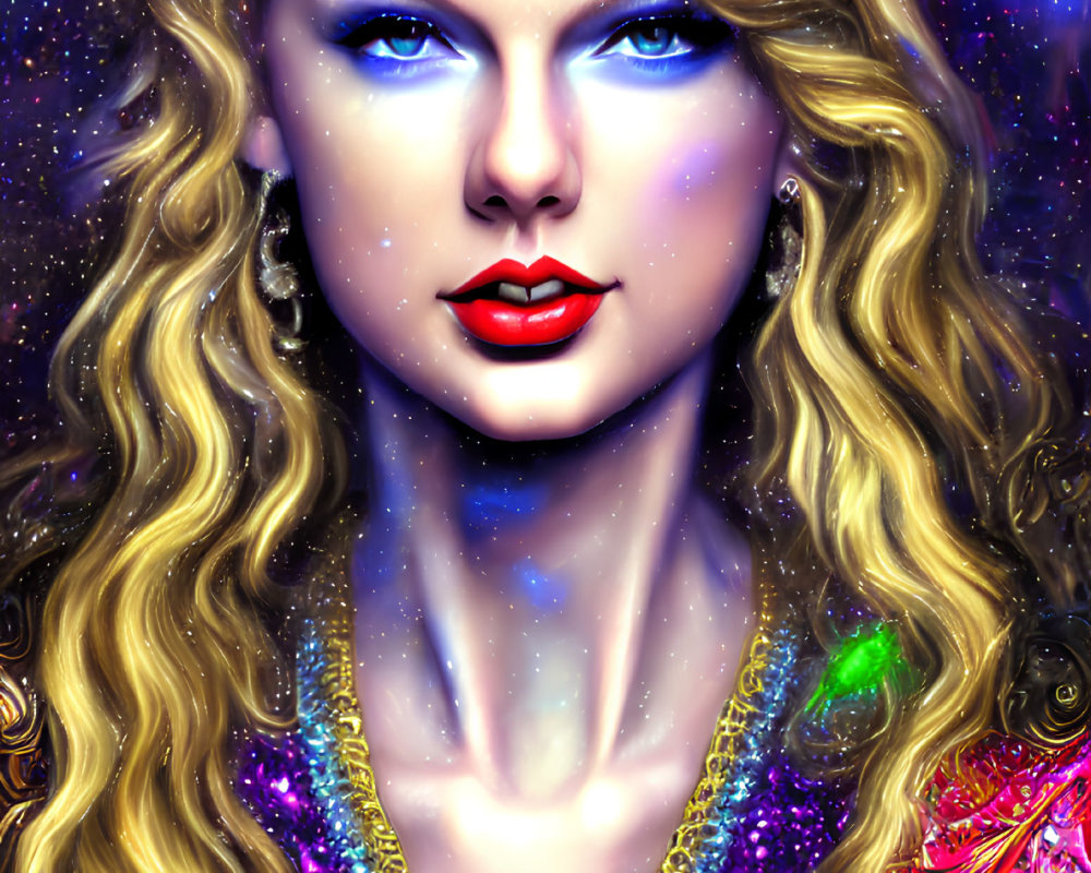 Blonde Curly-Haired Woman in Cosmic Setting with Glittery Outfit