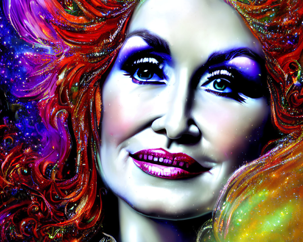 Colorful digital portrait of a woman with red hair and cosmic makeup.