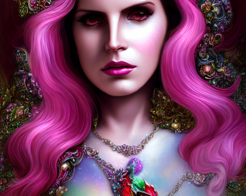 Detailed artwork: Woman with pink wavy hair, jeweled headpiece, ornate necklace on dark