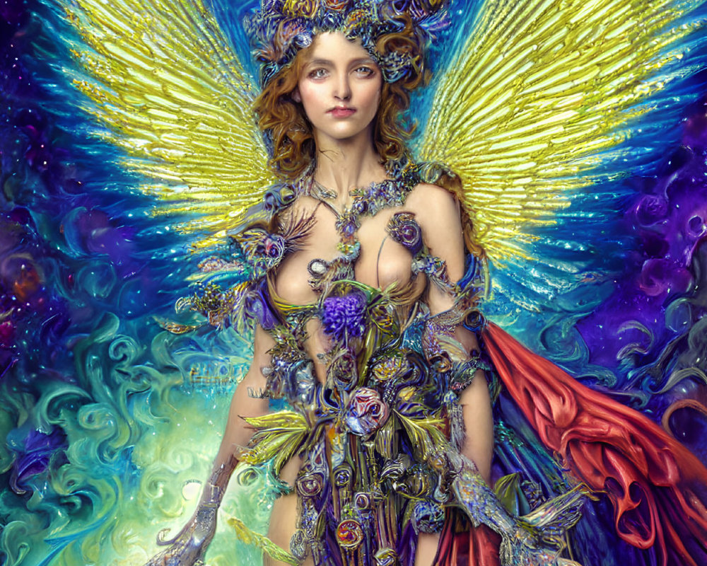 Fantastical image: Person with golden wings and metallic adornments in cosmic backdrop