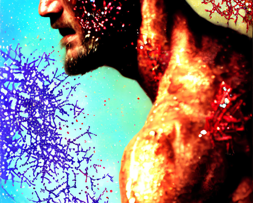 Shirtless man with gritty expression covered in vibrant blue and red paint