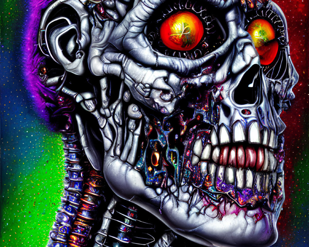 Colorful surreal cybernetic skull with orange eyes on cosmic backdrop