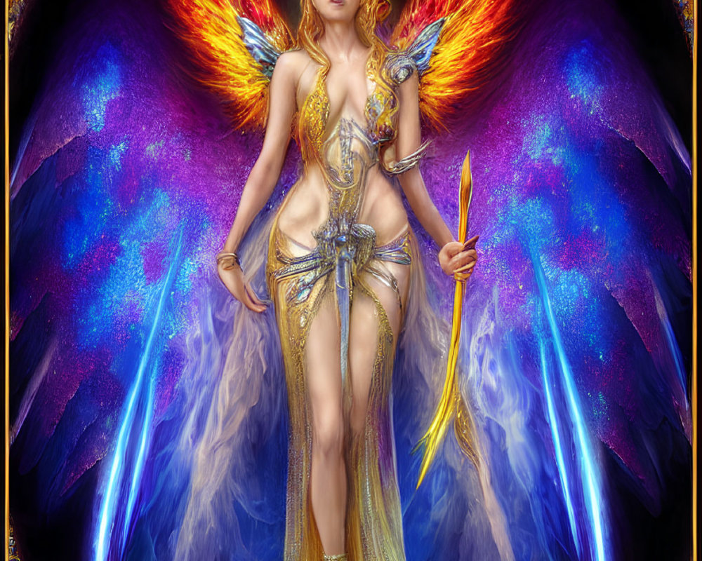 Digital Art: Angelic Figure in Golden Armor with Cosmic Wings