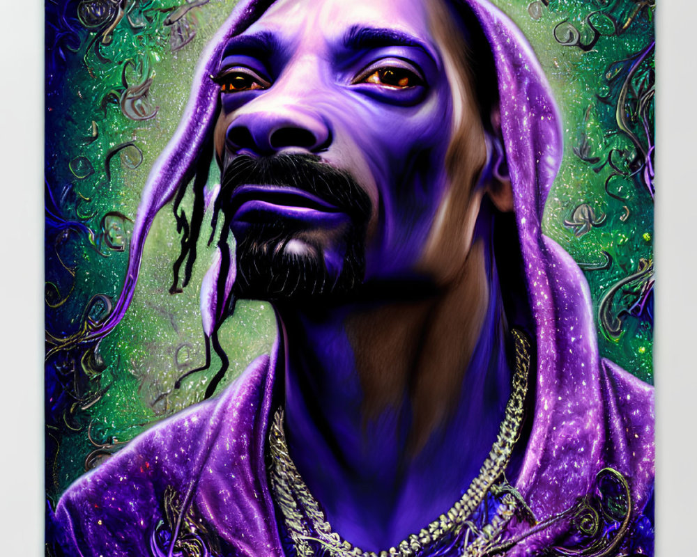 Stylized portrait of a man in purple hood with glowing green and purple patterns