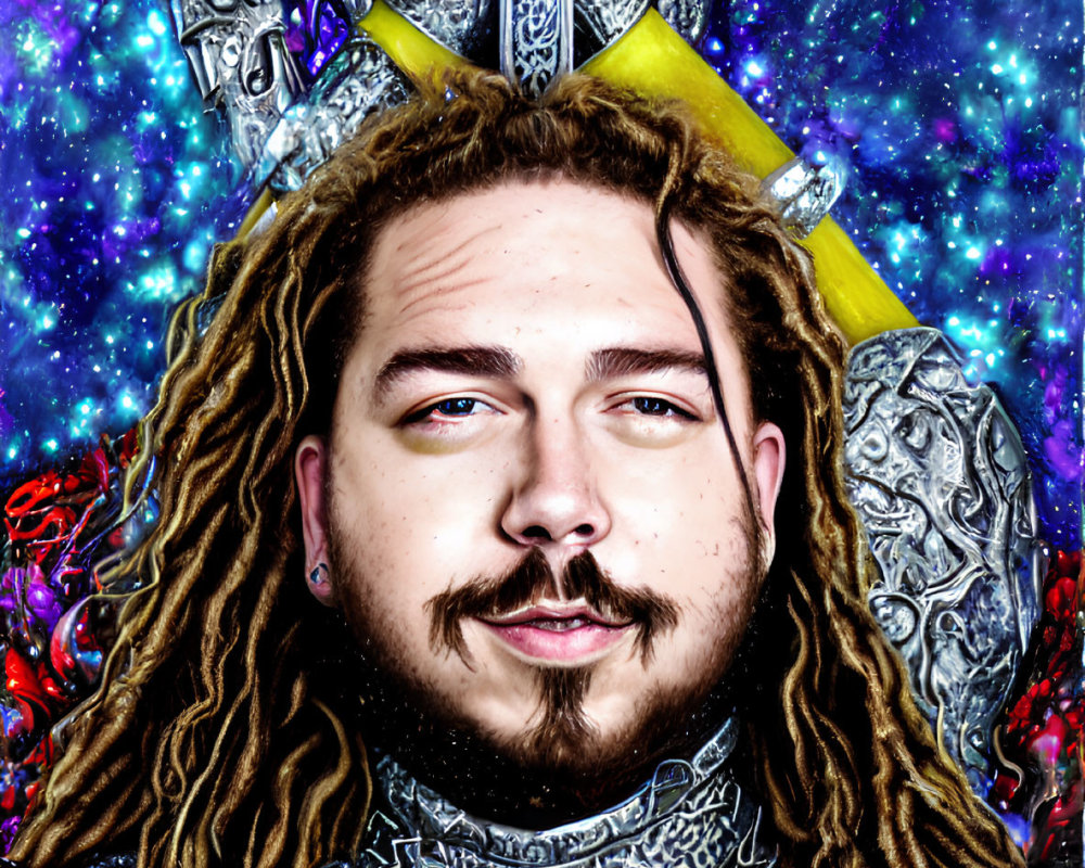 Stylized portrait of a man in armor with dreadlocks on cosmic background