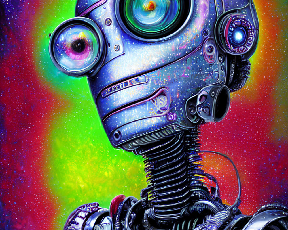 Detailed illustration of a multi-eyed robot on cosmic background