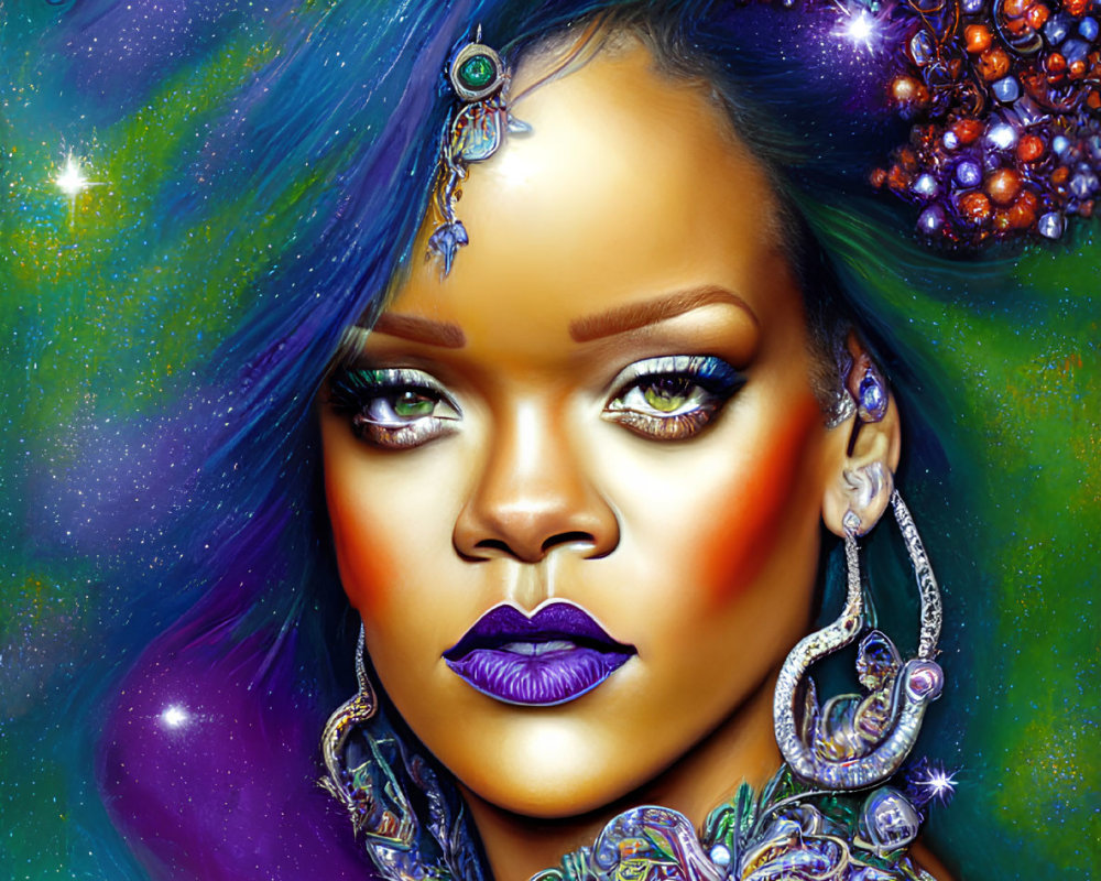Colorful digital portrait of woman with space-themed makeup and celestial hair.