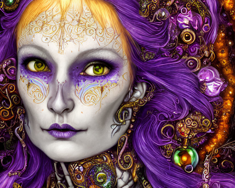 Colorful portrait of a woman with purple hair and gold face markings