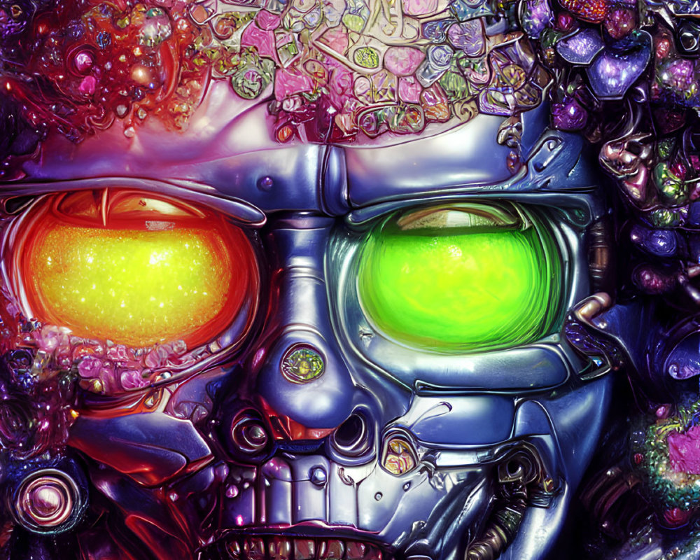 Vibrant Robot Face Artwork with Psychedelic Colors