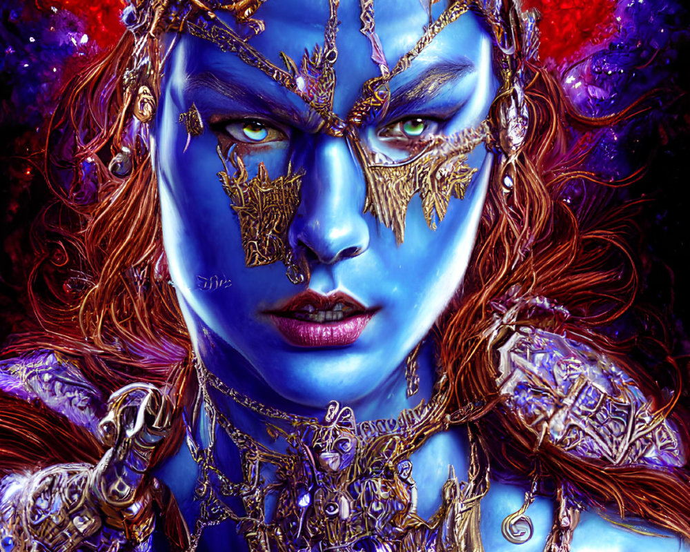 Blue-skinned being in ornate golden armor and headpiece.