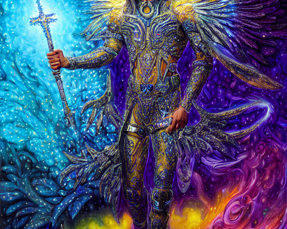 Golden-armored figure with glowing sword in cosmic setting
